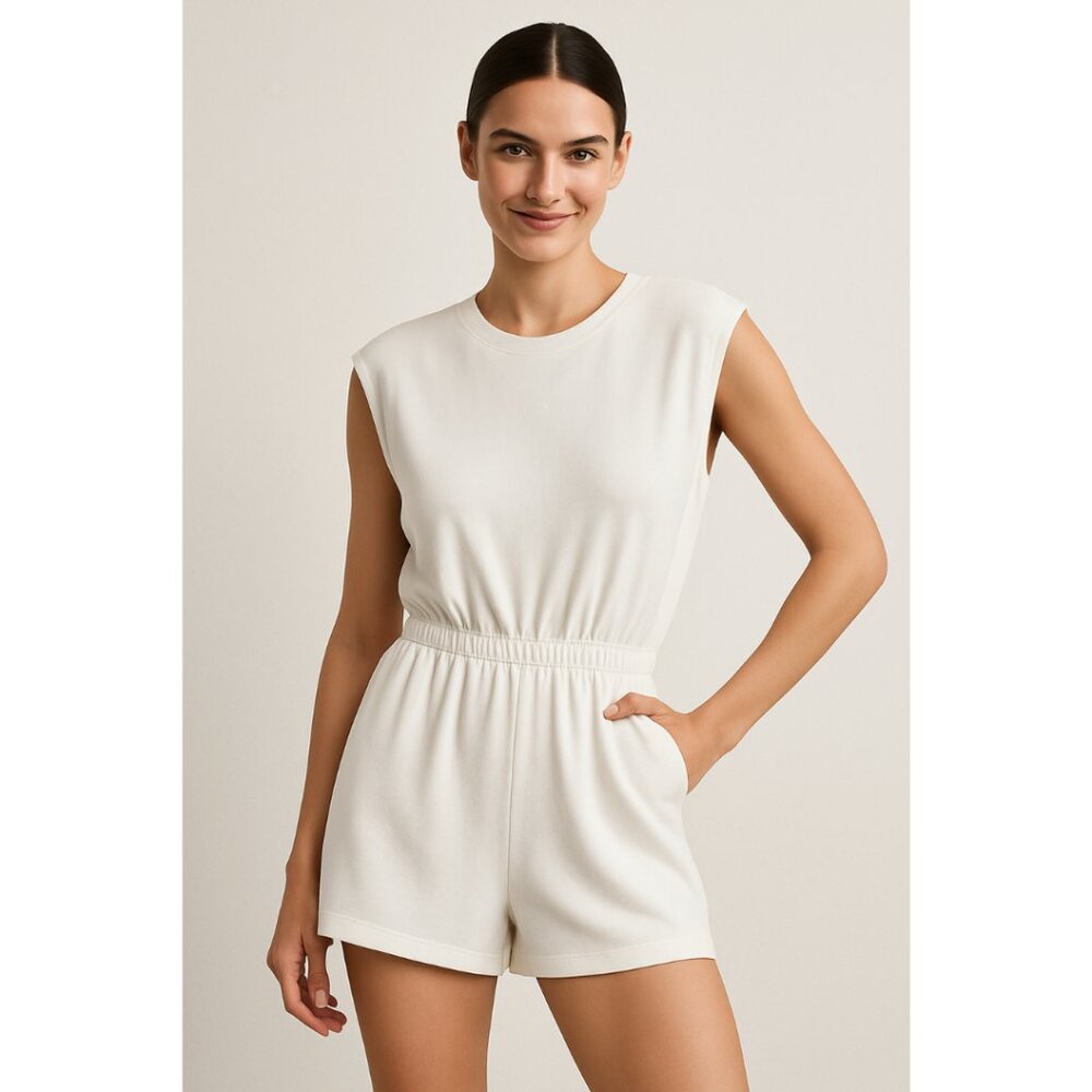 ZARA White Knit Minimalist Romper Sleeveless Elastic Waist M